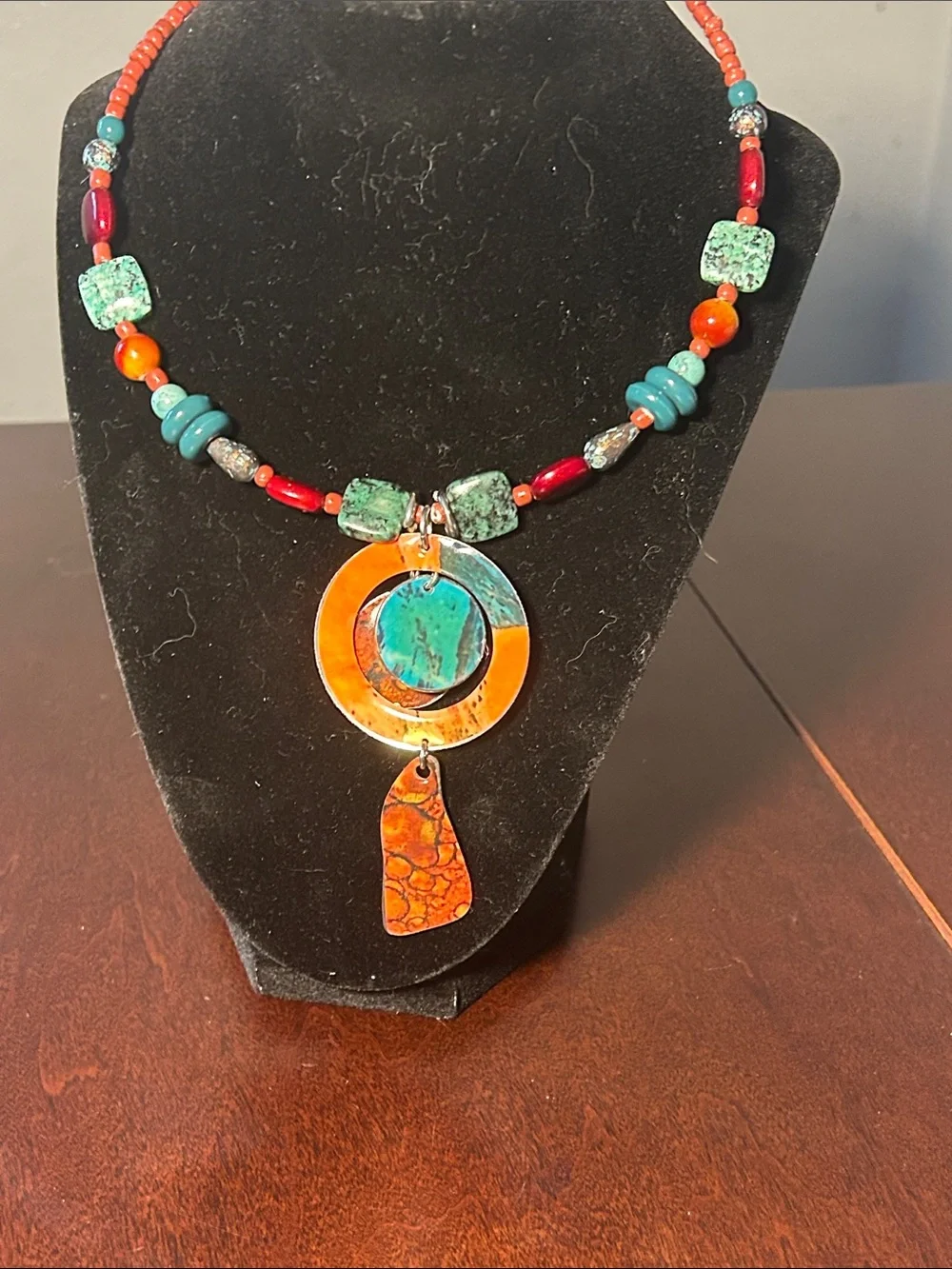 Vibrant Orange & Turquoise Mixed Bead Pendant Necklace